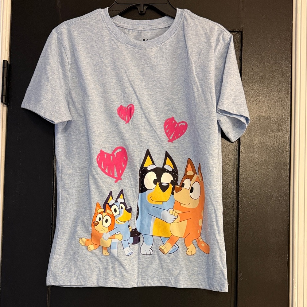 Light Blue Kids Short Sleeve Tee with Bluey Family Graphic and Pink Hearts